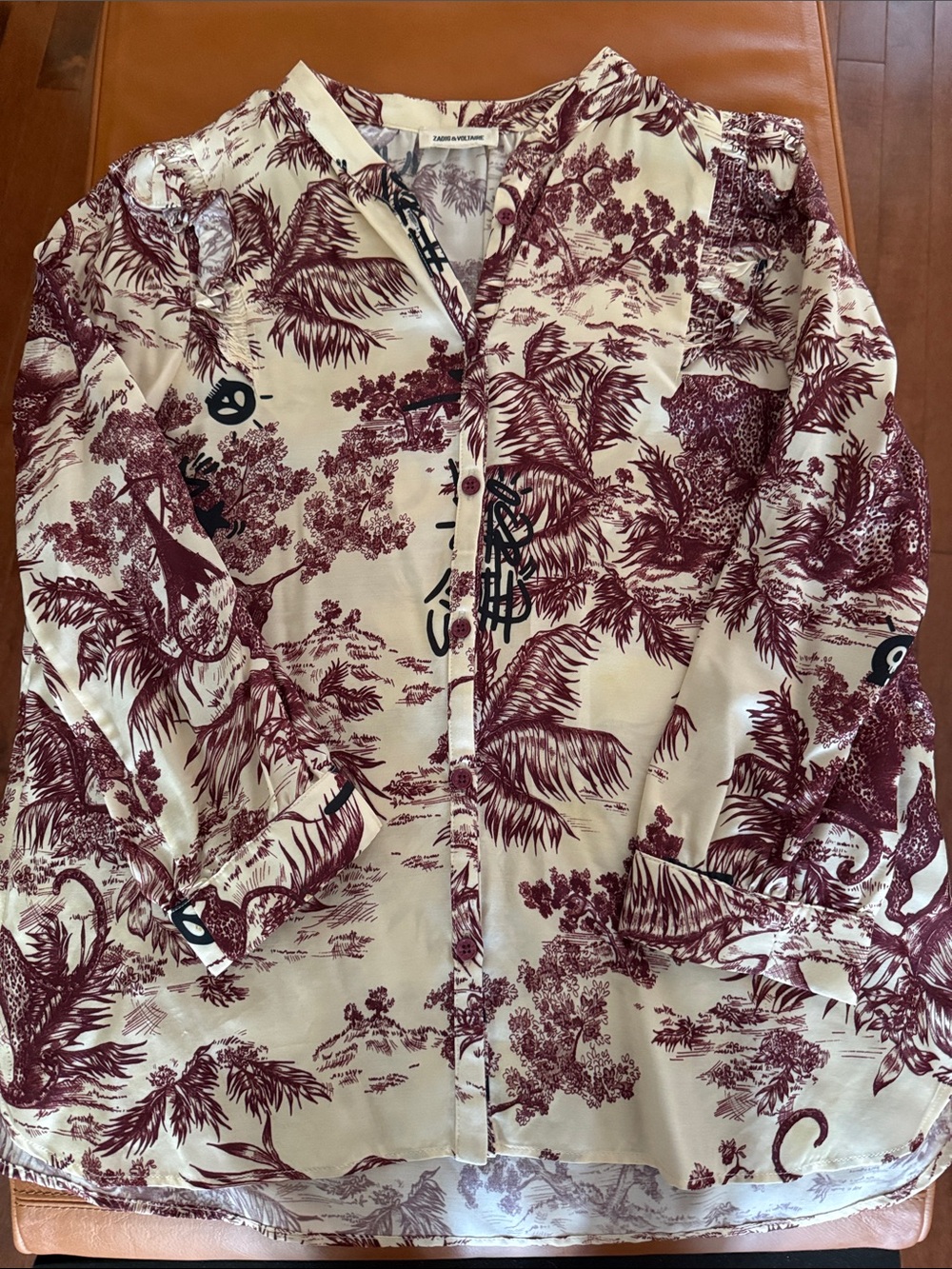 Zadig & voltaire Blouse in Cream and Burgundy with ruffle details at shoulder